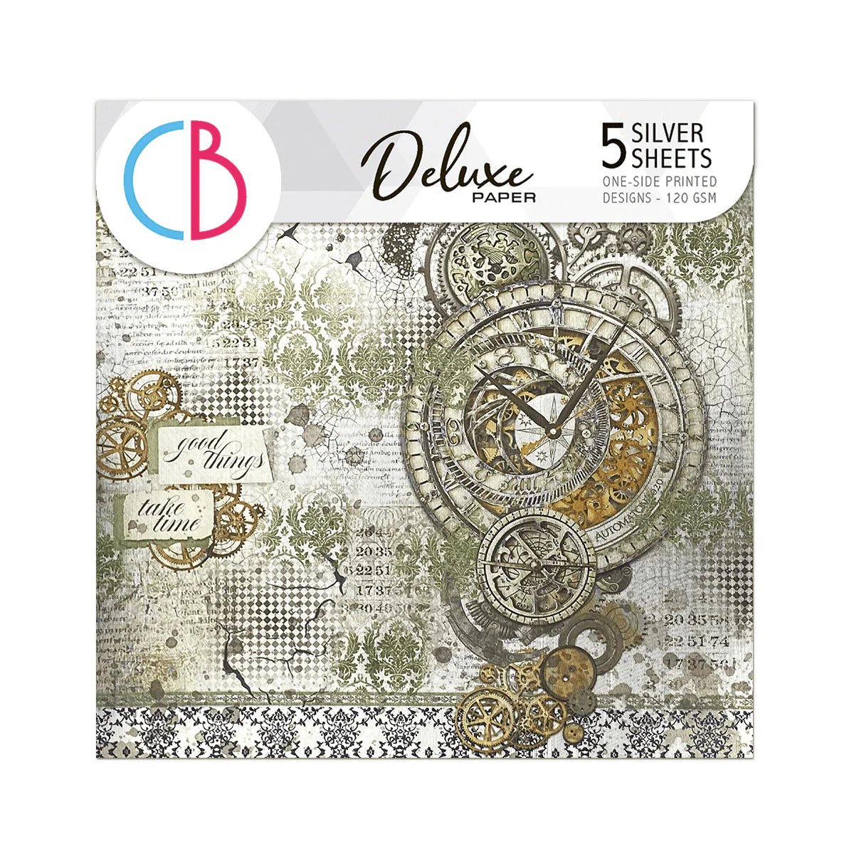 Deluxe Paper 15 x 15 cm - Silver - Wizard Academy - 5-pack från Ciao Bella. Framsidan av en förpackning med papper. Motiv med kugghjul. - Tidformera