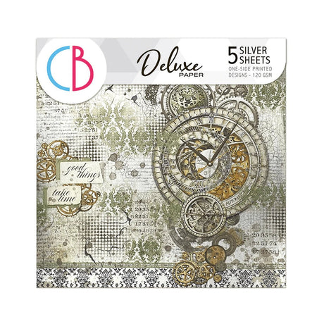 Deluxe Paper 15 x 15 cm - Silver - Wizard Academy - 5-pack från Ciao Bella. Framsidan av en förpackning med papper. Motiv med kugghjul. - Tidformera