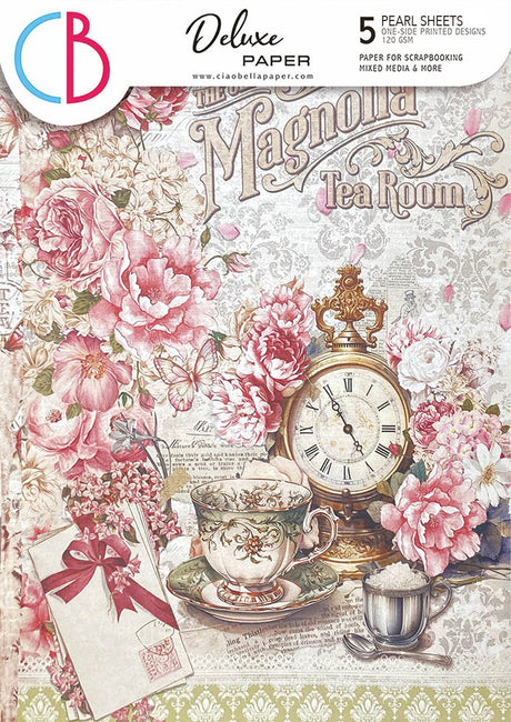 Deluxe Paper A4 - Pearl - Timeless Moments - 5-pack från Ciao Bella. Framsidan av en förpackning med papper. Motiv med blommor, tekopp och äldre klocka. - Tidformera