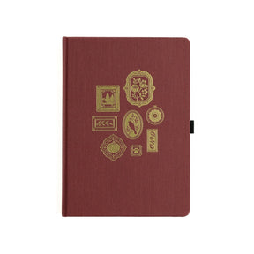 Mörkröd prickad anteckningsbok. Motiv på pärmen är små guldfärgade tavlor - Dotted Notebook Frame Wall B5 från Archer & Olive - Tidformera