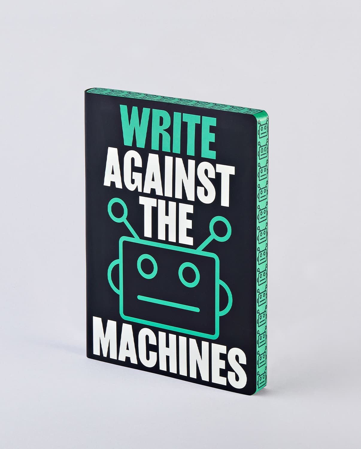 Dotted notebook Graphic L Write against the machines från Nuuna. Svart skrivbok med en robot och text på.  - Tidformera