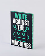 Dotted notebook Graphic L Write against the machines från Nuuna. Svart skrivbok med en robot och text på.  - Tidformera