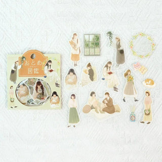 Förpackning med klistermärken och utspridda stickers. Milda färger, kvinnor och blommor. Flake stickers Coordinate - Otome Zukan - Light - colored girls från BGM - Tidformera