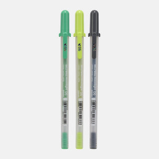 Gelly roll Gelpenna 3 - pack - Botanical från Sakura. Tre pennor ligger bredvid varandra. Färger i grön, lime och mörkgrå.  - Tidformera