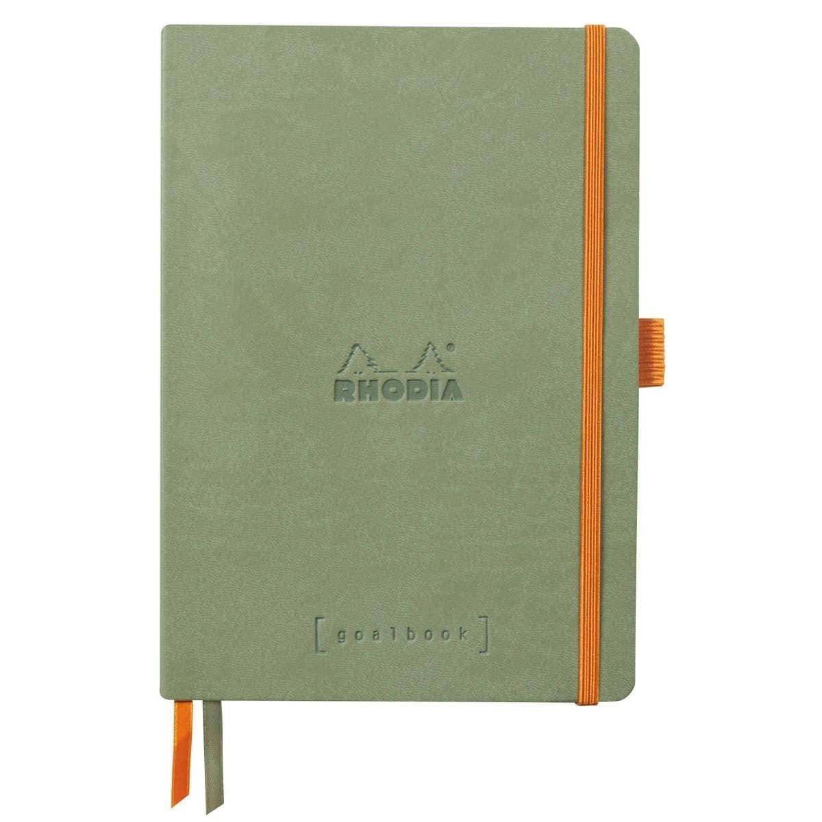 GoalBook Dotted notebook A5 - Celadon från Rhodia - Grön anteckningsbok. Boken har 2 bokmärkesband samt en orange gummiband för stängning och pennhållare. - Tidformera