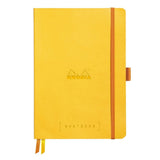 GoalBook Dotted notebook A5 - Daffodil yellow från Rhodia - Gul anteckningsbok. Boken har 2 bokmärkesband samt en orange gummiband för stängning och pennhållare. - Tidformera