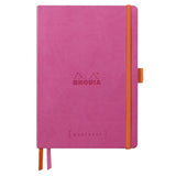 GoalBook Dotted notebook A5 - Fuchsia från Rhodia - Rosa anteckningsbok. Boken har 2 bokmärkesband samt en orange gummiband för stängning och pennhållare. - Tidformera