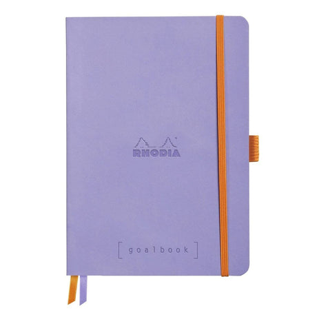 GoalBook Dotted notebook A5 från Rhodia - Ljuslila anteckningsbok. Boken har 2 bokmärkesband samt en orange gummiband för stängning. - Tidformera