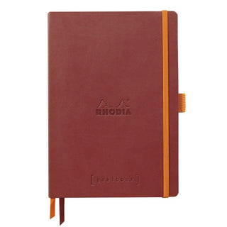 GoalBook Dotted notebook A5 - Nacarat från Rhodia - Rödbrun anteckningsbok. Boken har 2 bokmärkesband samt en orange gummiband för stängning och pennhållare. - Tidformera