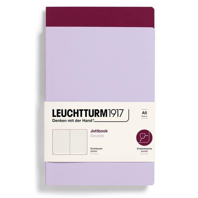 Jottbook Double Skrivhäften Dotted 2 - pack A5 Lilac/Port red från Leuchtturm1917 - Ett rött och ett lila skrivhäfte - Tidformera