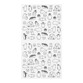 Kalenderstickers Djurtema - Sea creatures från  Midori. Ett ark med svart  vita stickers med motiv med sälar, pingviner och isbjörnar. Tidformera