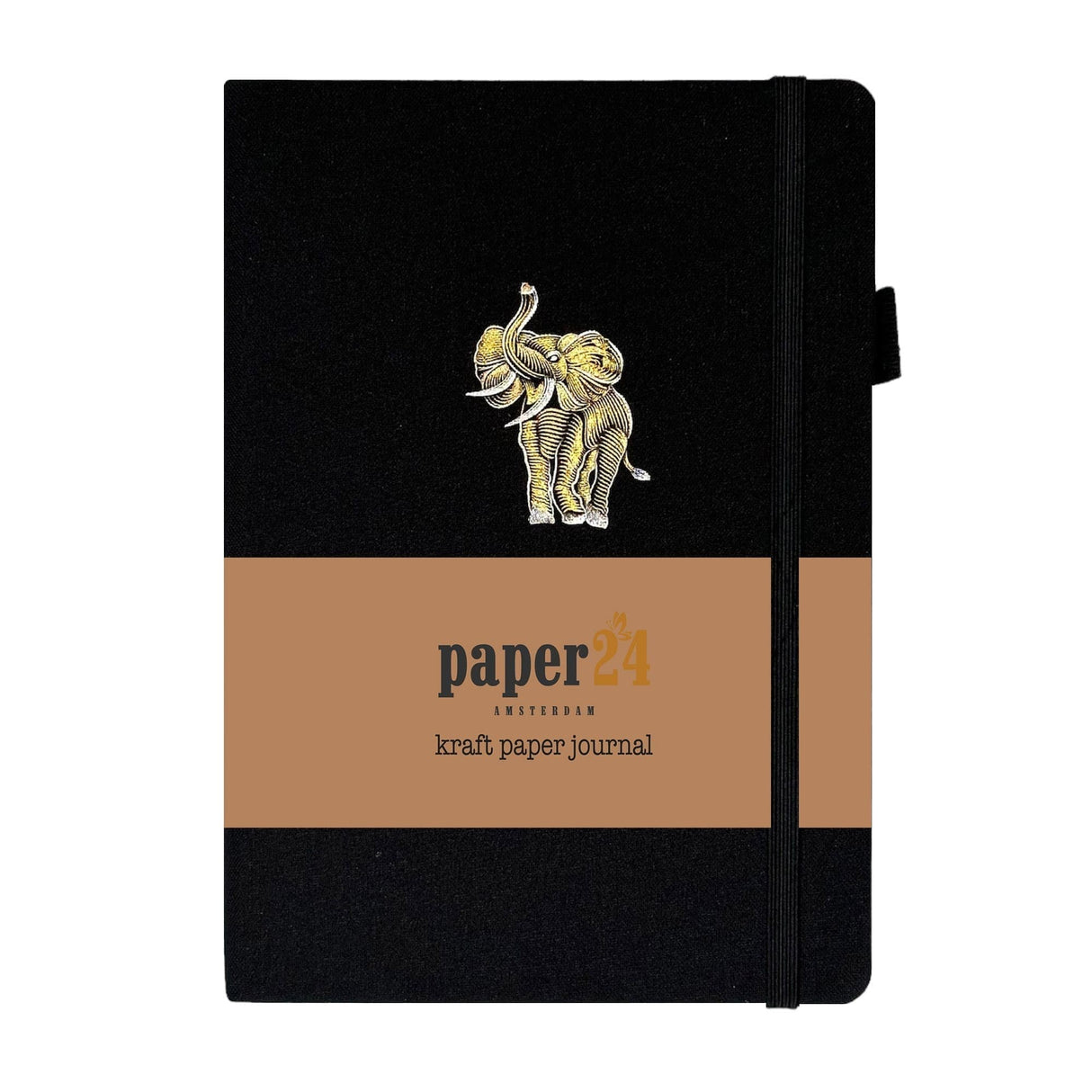 Kraft Paper Journal A5 160 GSM - Golden elephant från Paper24. Svart anteckningsbok med motiv med en guldpräglad elefant.  - Tidformera