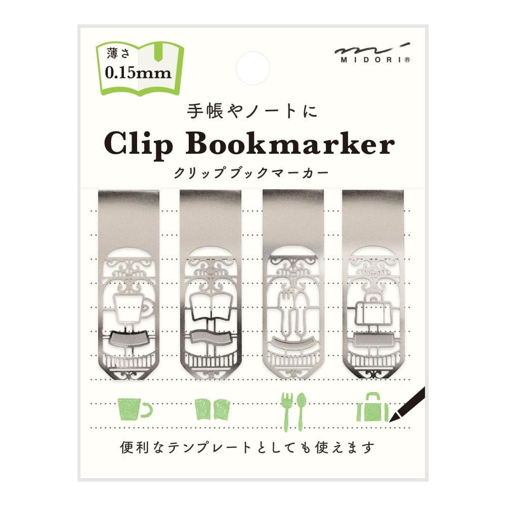 Midori Clip Bookmarker - Living från  Midori. Förpackning med fyra olika silverfärgade bokmärken i. Bokmärkena har motiv med kaffekopp, bok, bestick och en väska. Tidformera