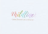 Handskriven text med orden "mildliner warm, flourescent, cool & refined set" skriven med Zebra Mildliner Brush Pen i många olika färger.