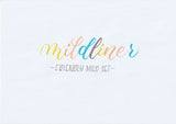 Handskriven text med orden "mildliner" och "FRIENDLY MILD SET", skriven med Zebra Mildliner Brush Pen i olika färger.