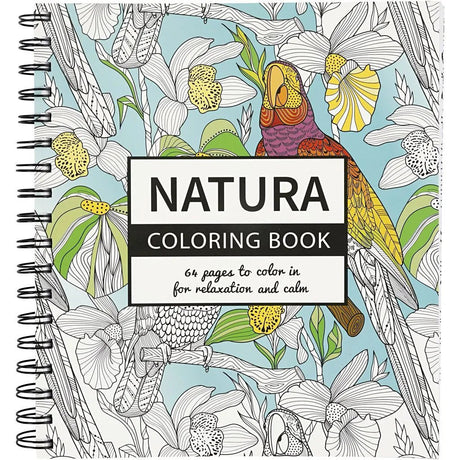 Natura Colouring book från Creotime. Framsidan av en bok med spiralbindning. Står Natura coloring book 64 pages to color in for relaxation and calm. En färglagd papegoja syns. - Tidformera