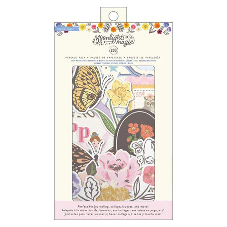 Förpackning med Paperie Pack - Moonlight magic från American Crafts. Framsidan av förpackning som är full med olika papper med motivmed blommor, fjärilar. - Tidformera