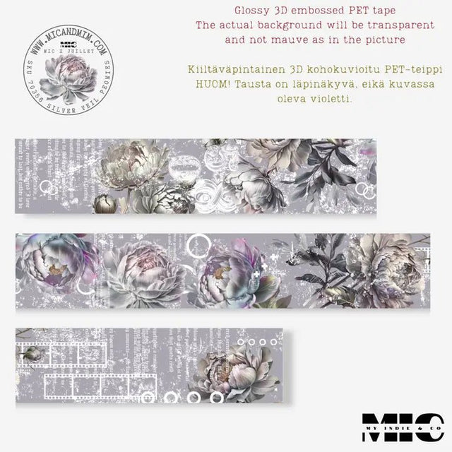 Pet Tape - MIC - Silver Veil Peonies Glossy & Embossed 70 mm - 6 - MIC & MIM Premium Paper Shop - Tidformera