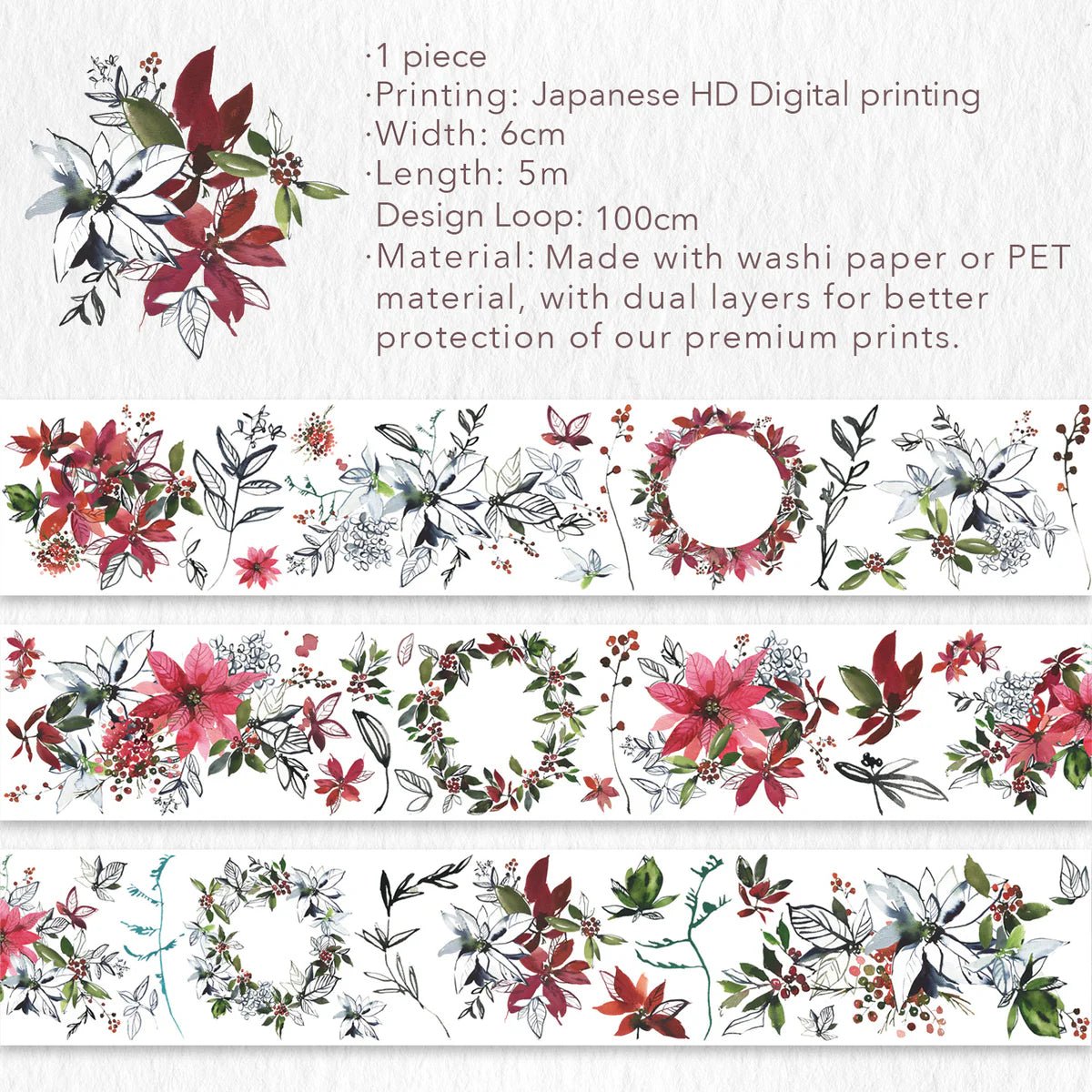 Pet tape Poinsettia Wide - 60 mm - 12 - Washi Tape Shop - Tidformera