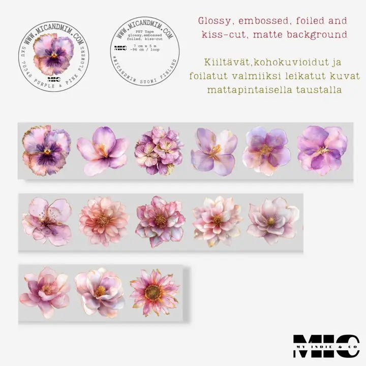 Pet Tape Pre - cut - MIC - Purple & Pink Flowers 3D Foiled 70 mm - 7 - MIC & MIM Premium Paper Shop - Tidformera