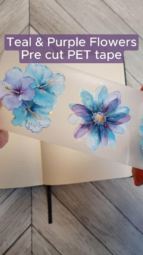 Pet Tape Pre - cut - MIC - Teal & Purple Flowers 3D Foiled 70 mm - 1 - MIC & MIM Premium Paper Shop - Tidformera