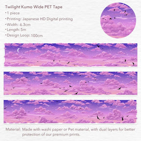 Pet tape Twilight Kumo - 63 mm från Washi Tape Shop. Clear tape med kvällshimmel, rosa moln och fågelsilhuetter. - Tidformera