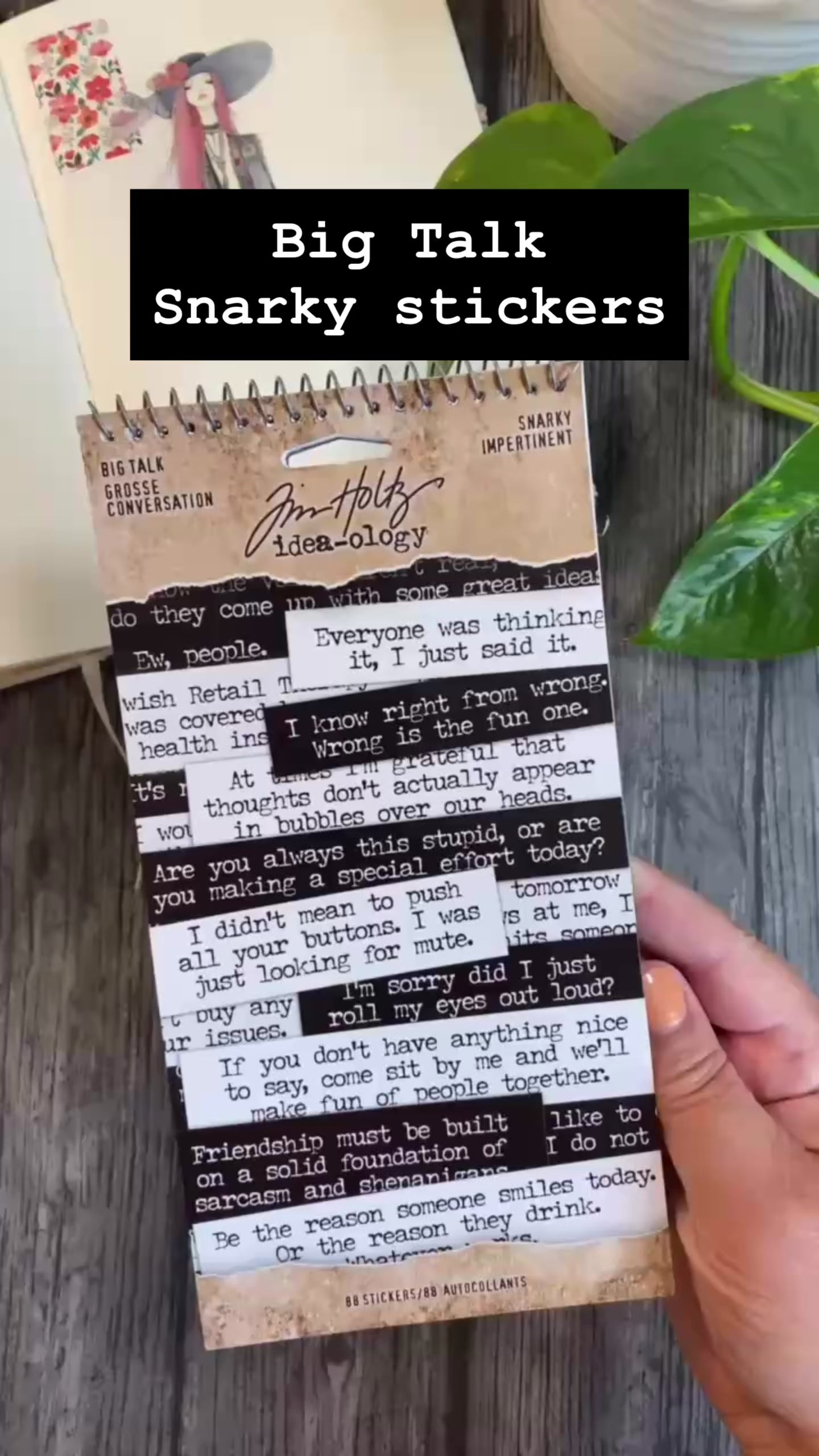 Video där vi bläddrar i sticker book Big Talk Snarky stickers från Tim Holtz- Tidformera