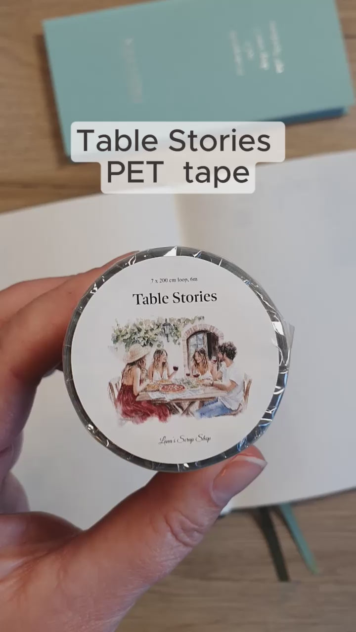 Video som visar motiv på Table Stories PET tape från Lana's Scrap shop. Tidformera