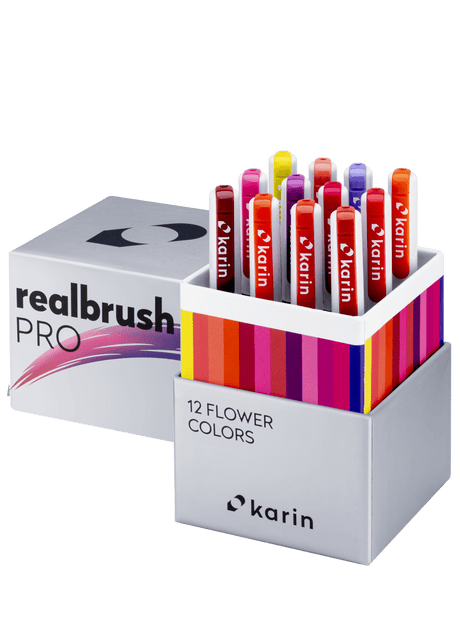 Realbrush PRO 12 - pack - Flower colors från Karin. Förpackning med 12 penselpennor i gult, orange, rosa, rött och lila.- Tidformera