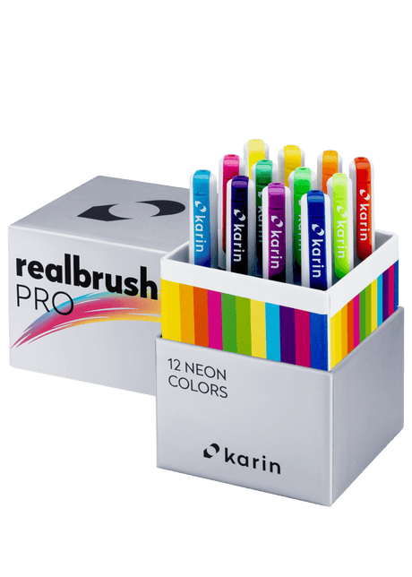 Realbrush PRO 12 - pack - Neon colors från Karin. Förpackning med 12 penselpennor i neonfärger.  - Tidformera