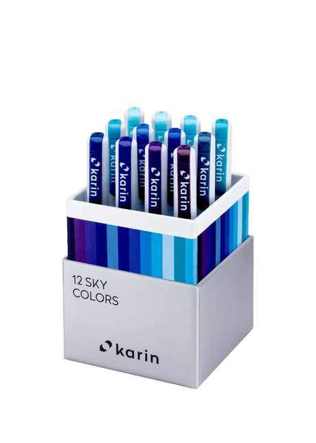 Realbrush PRO 12 - pack - Sky colors från Karin. Förpackning med 12 blåa penselpennor. - Tidformera