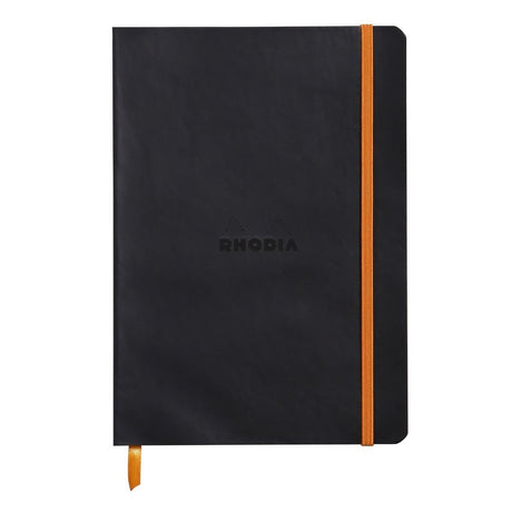 Rhodiarama Anteckningsböcker Dotted Black från Rhodia - Svart anteckningsbok med orange bokmärkesband samt gummiband för stängning. - Tidformera