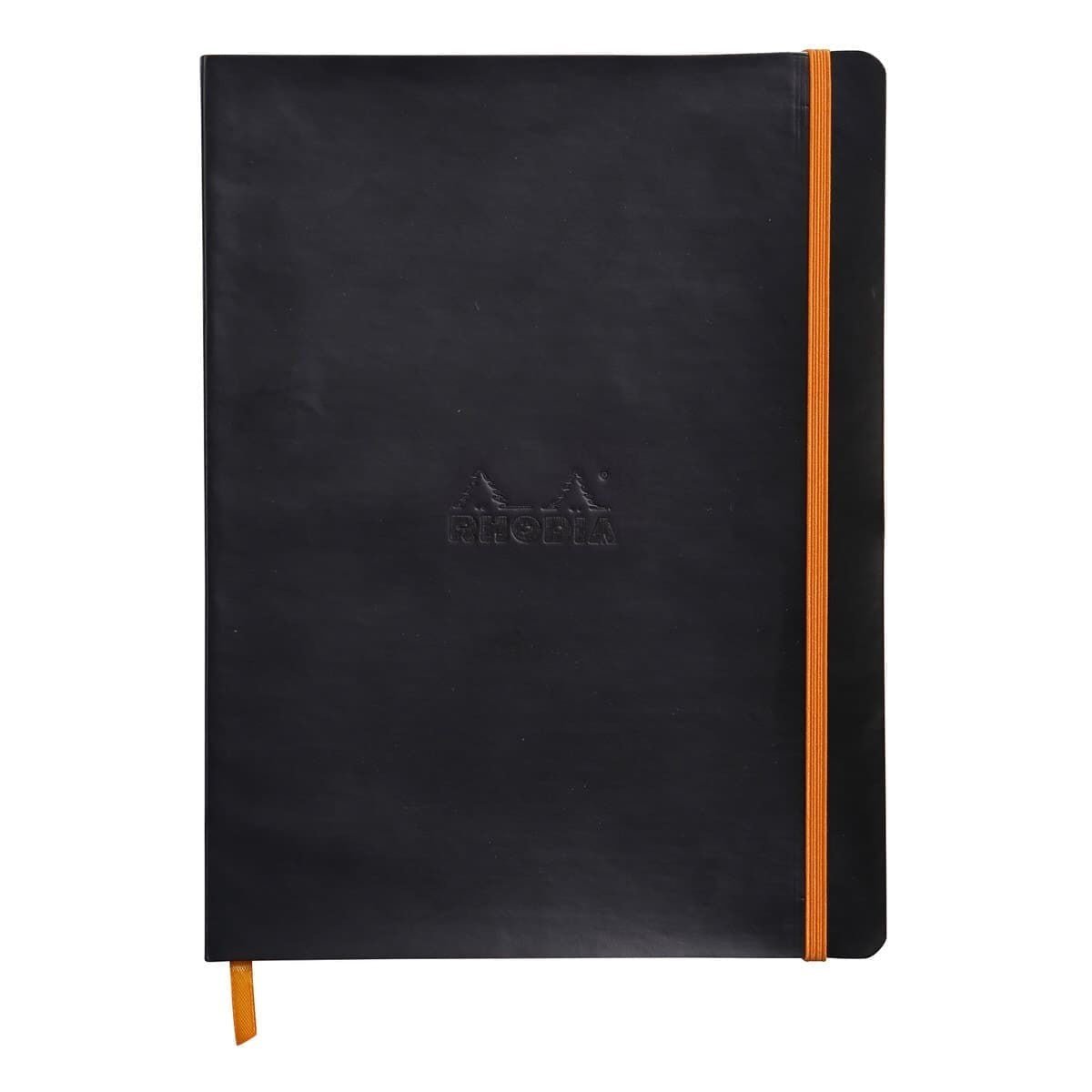 Rhodiarama XL Dotted notebook från Rhodia - Svart anteckningsbok med orange bokmärkesband samt en orange gummiband för stängning - Tidformera