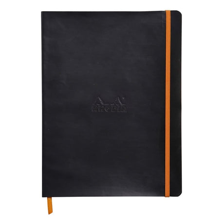 Rhodiarama XL Dotted notebook från Rhodia - Svart anteckningsbok med orange bokmärkesband samt en orange gummiband för stängning - Tidformera