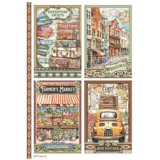 Rice Paper A4 - Art of Travelling - 4 Cards - 1 - Stamperia - Tidformera