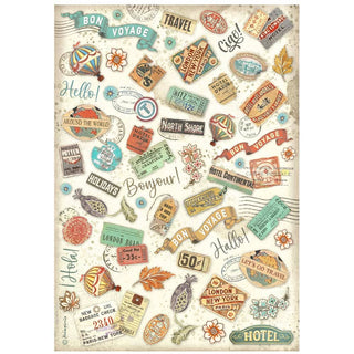Rice Paper A4 - Art of Travelling - Labels - 1 - Stamperia - Tidformera