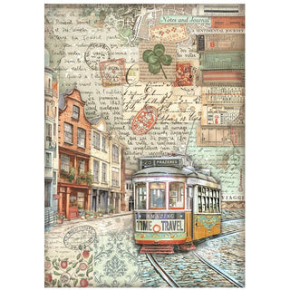 Rice Paper A4 - Art of Travelling - Tram - 1 - Stamperia - Tidformera