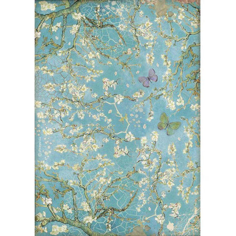 Rice Paper A4 - Atelier Blossom Blue background with butterfly - 1 - Stamperia - Tidformera