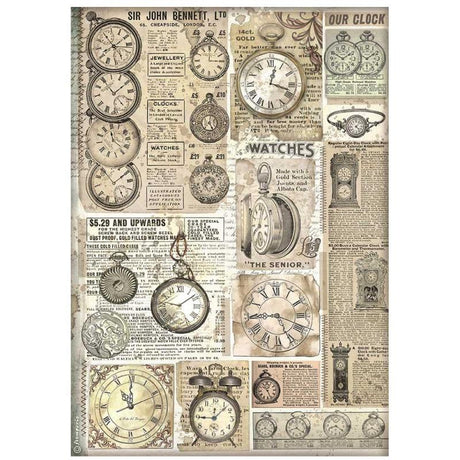 Rice Paper A4 - Brocante Antiques - Clocks - 1 - Stamperia - Tidformera