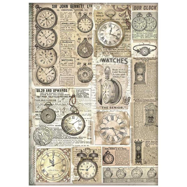 Rice Paper A4 - Brocante Antiques - Clocks - Stamperia - Tidformera