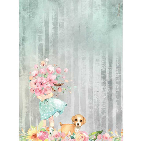 Rice Paper A4 Circle of Love Bouquet and Dog - 1 - Stamperia - Tidformera
