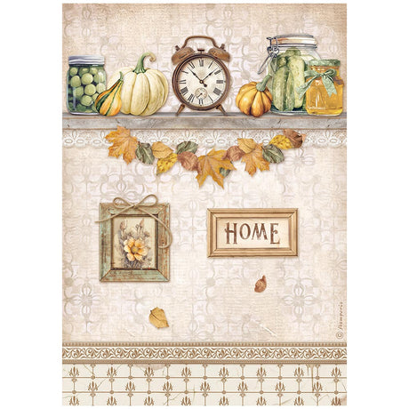 Rice Paper A4 - Golden Harmony - Clock and Pumpkins - Stamperia - Tidformera