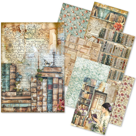 8 ark med rispapper med tema böcker. Rice Paper Art set - A5 - 8 - pack - Book Lovers från Ciao Bella - Tidformera