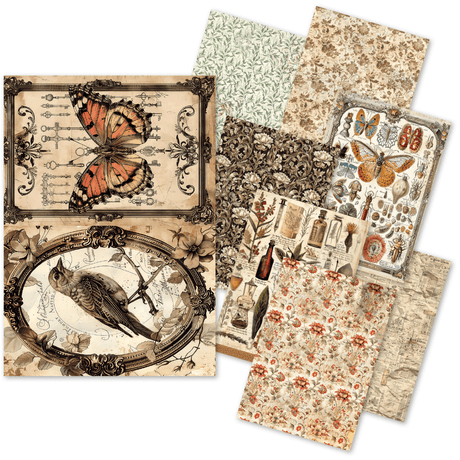 Rice Paper Art set - A5 - 8-pack - Cabinet of Curiosities från Ciao Bella. Ark med papper ligger utspridda. Motiv med fågel, fjäril, blomstermönster och flaskor.  - Tidformera