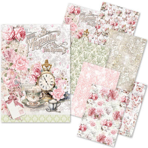 Färpackning med 8 ark rispapper till dekoration. Rosa blommor, fjärilar och vintage bakgrundmönster. Rice Paper Art set - A5 - 8 - pack - Timeless Moments från Ciao Bella - Tidformera
