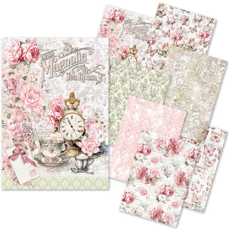 Färpackning med 8 ark rispapper till dekoration. Rosa blommor, fjärilar och vintage bakgrundmönster. Rice Paper Art set - A5 - 8 - pack - Timeless Moments från Ciao Bella - Tidformera