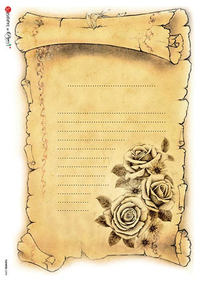 Rice Paper Decoupage - A5 - Flowers 0294 från Paper Designs. Rispapper med motiv med ett äldre pappersark som är linjerat och dekorerat med rosor - Tidformera