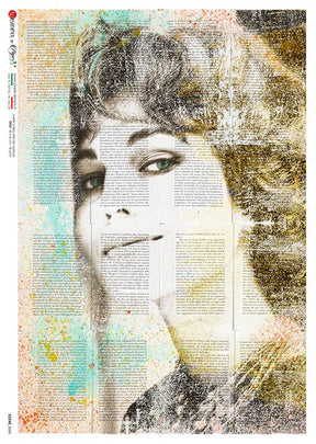 Rice Paper Decoupage - A5 - Scene 0086 från Paper Designs. Rispapper med en kvinna som har huvudet lutat mot en vägg. Text är printat över. - Tidformera