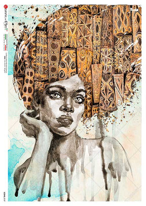 Rice Paper Decoupage - A5 - Scene 0137 från Paper Designs. Rispapper med en målad vacker afrikansk kvinna med en stor huvudbonad. 