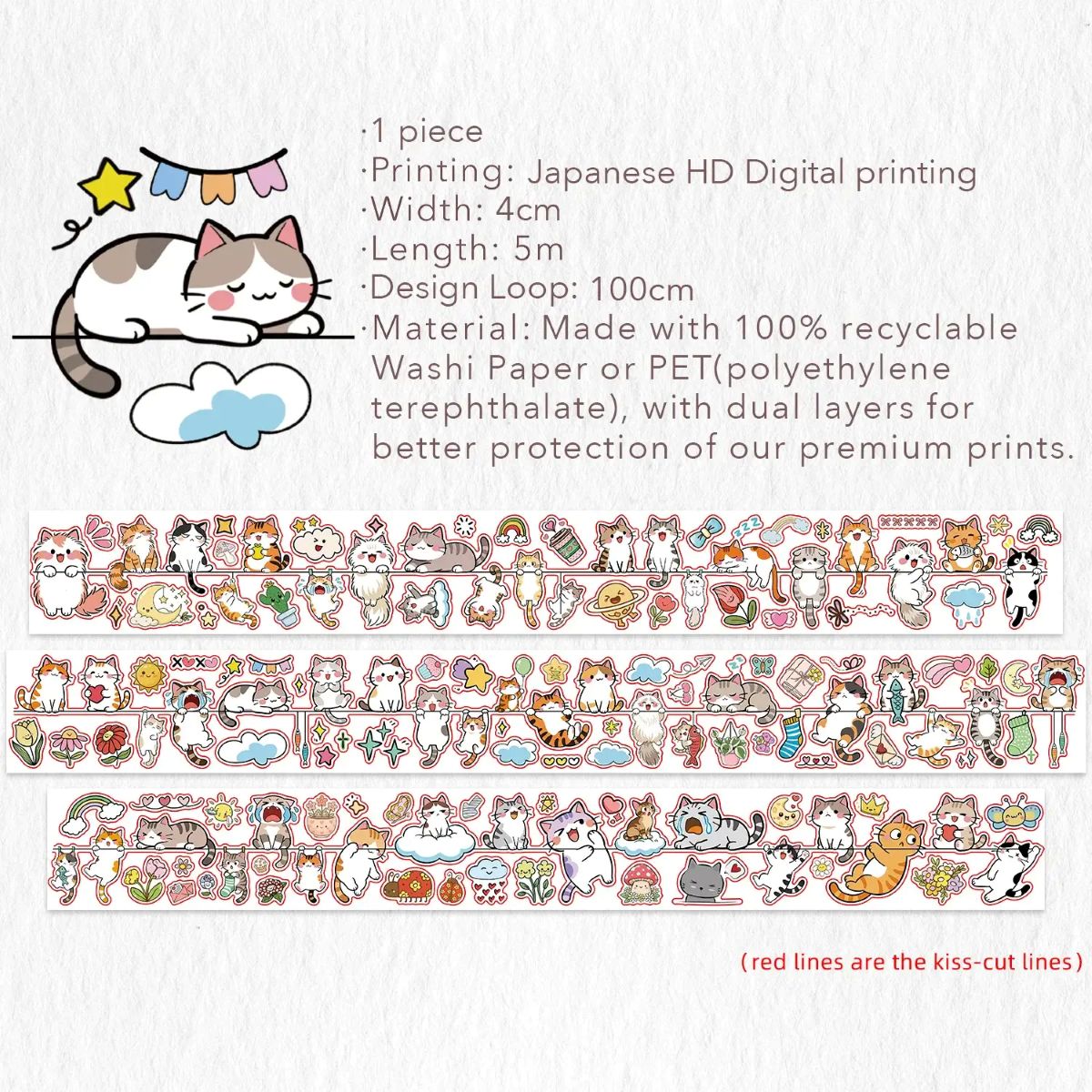 Sticker Pet Tape - Pre-cut - 40 mm - Kitty Conga - 5 - Washi Tape Shop - Tidformera